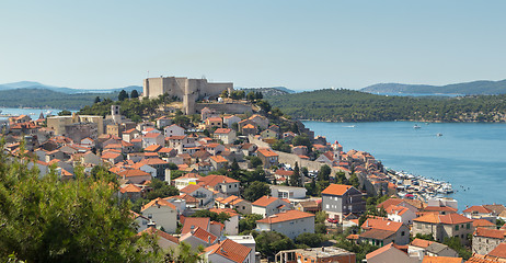 Image showing Historic city centre of Sibenik, Croatia with St. Michael\'s Fortress. Adriatic Sea in the background