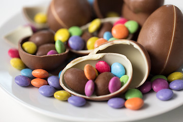 Image showing close up of chocolate eggs and candies on plate