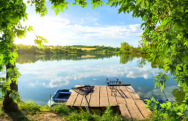 Image showing Wooden pier and pond