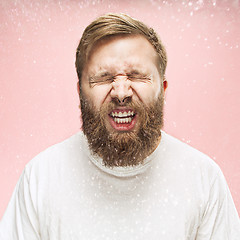 Image showing Young handsome man with beard sneezing, studio portrait