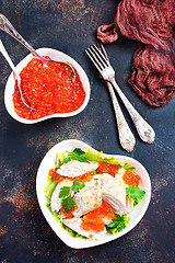 Image showing pancakes with salmon caviar