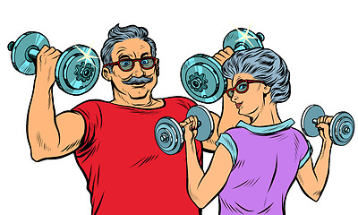 Image showing Grandparents do sports, fitness dumbbells