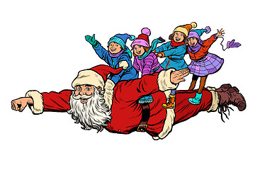 Image showing superhero Santa Claus with children. Christmas and New year