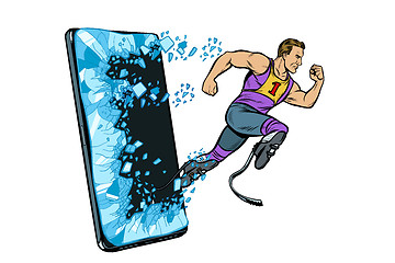 Image showing legless male athlete running with a prosthetic Phone gadget smartphone. Online Internet application service program