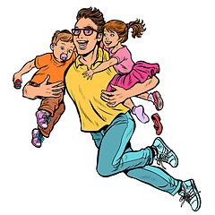 Image showing dad superhero flies and carries his daughter and son in his arms. paternity