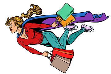 Image showing superhero woman flying with shopping. sales and discounts in stores