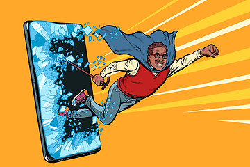 Image showing Old african man superhero punches the screen Phone gadget smartphone. Online Internet application service program