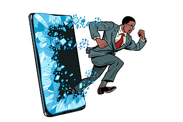 Image showing african businessman punches the screen Phone gadget smartphone. Online Internet application service program