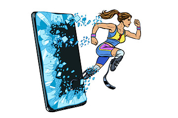 Image showing woman runner disabled leg with prosthesis Phone gadget smartphone. Online Internet application service program