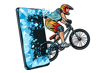 Image showing sports online news concept. athlete cyclist in a helmet on a mountain bike