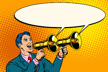 Image showing businessman with a megaphone. announcement advertising
