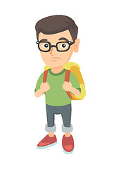 Image showing Little caucasian sad schoolboy carrying a backpack
