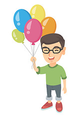 Image showing Caucasian boy with the bunch of colorful balloons.