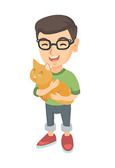 Image showing Caucasian happy boy in glasses holding a cat.