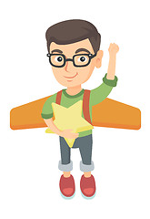 Image showing Caucasian boy with airplane wings behind his back.