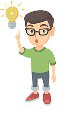 Image showing Caucasian little boy pointing at the lightbulb.