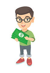 Image showing Caucasian boy in glasses holding money in hands.