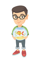 Image showing Caucasian boy holding aquarium with goldfish.