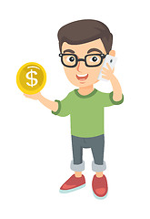 Image showing Boy businessman talking on phone and holding coin.