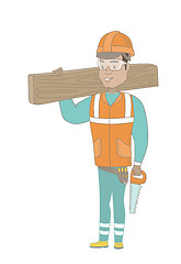 Image showing Hispanic carpenter holding saw and wooden board.