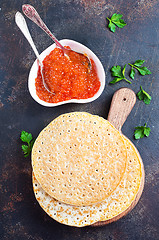 Image showing pancakes with salmon caviar