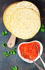 Image showing pancakes with salmon caviar