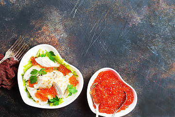 Image showing pancakes with salmon caviar