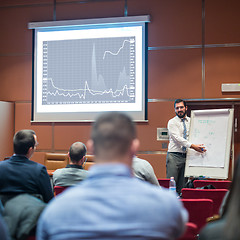 Image showing Skiled Public Speaker Giving a Talk at Business Meeting.