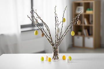 Image showing pussy willow branches decorated by easter eggs