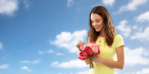 Image showing young woman or teenage girl with flower bouquet
