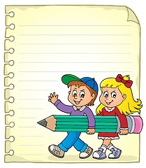 Image showing Notepad page with children and pencil