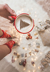 Image showing Festive Cappuccino with Christmas tree and decorations
