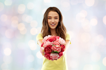 Image showing young woman or teenage girl with flower bouquet