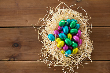 Image showing chocolate eggs in foil wrappers in straw nest