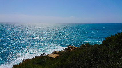 Image showing Beautiful azure sea and the rocky beach