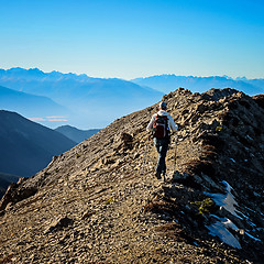 Image showing Adventure Hiker near Mountain Summit