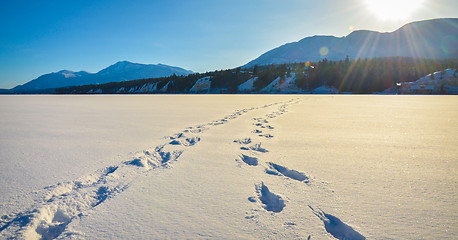 Image showing Foot prints in the snow, winter mountain landscape