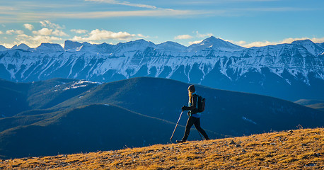 Image showing Female Hiker enjoying Mountain View