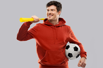 Image showing man or football fan with soccer ball and vuvuzela