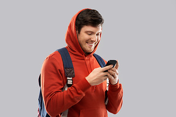 Image showing man or student with smartphone and school bag