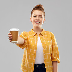 Image showing happy redhead teenage girl with paper coffee cup