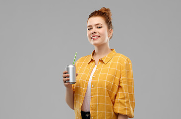 Image showing young woman or teenage girl drinking soda from can