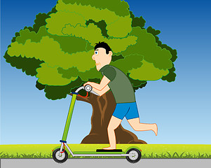 Image showing Man rides on scooter in park by summer