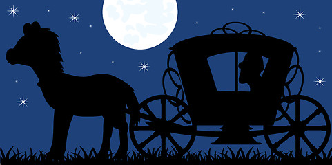 Image showing Silhouette of the crew of the coach with horse and moon night