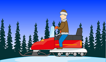 Image showing Man goes on snowmobile on winter wood