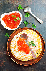 Image showing pancakes with salmon caviar