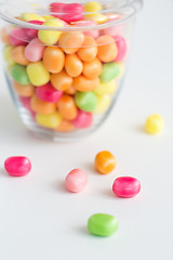Image showing close up of glass jar with colorful candy drops