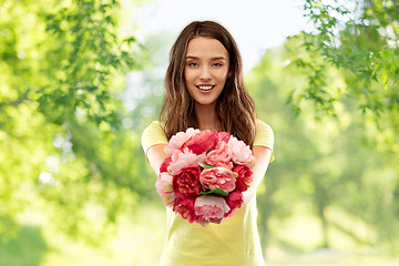 Image showing young woman or teenage girl with flower bouquet