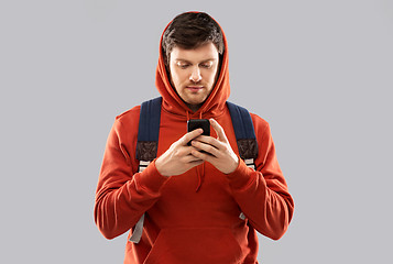 Image showing man or student with smartphone and school bag