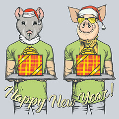 Image showing Illustration of Pig and Rat on New Year